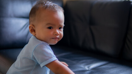 Portrait of boy playing in the house having fun