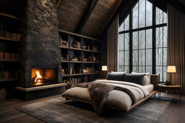 A cozy bedroom with a stone fireplace and a large window. The room has a high ceiling with wooden beams. The bed is in the center of the room with a white comforter and a fur throw blanket