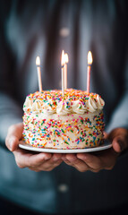 Hand holding birthday cake with lit candles