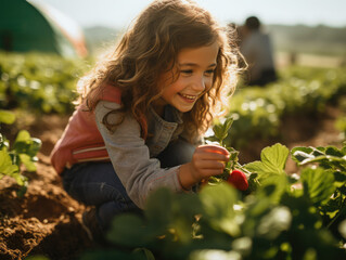 Young girl child girl picking strawberries in strawberry field, summer activities