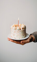 Hand holding birthday cake with lit candles, minimalistic  food photography