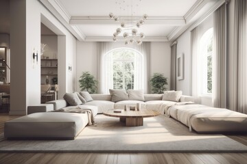 Living room interior design with a large blank wall. Generative AI