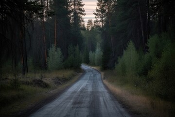 Naklejka premium Asphalt road in a summertime woods at twilight. Crimean mountains. Generative AI