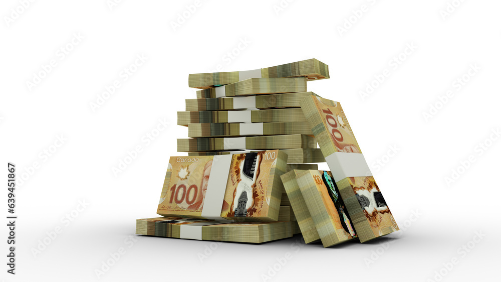 Poster 3d rendering of stacks of canadian dollar notes. bundles of south korean currency notes isolated on 