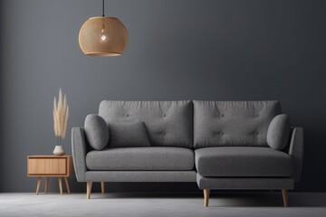 Modern living room decor including a comfortable couch. Generative AI