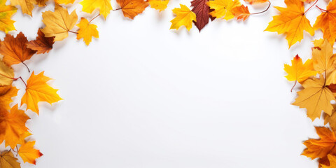 White background, Frame with many autumn leaves. Image to announce that there is an event, copy space