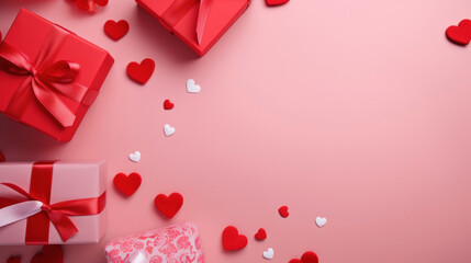 Valentine's Day pink background with red petals rose with gift box, top view