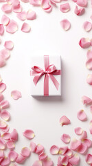 Valentine's Day white background with pink petals rose with gift box top view lay flat.