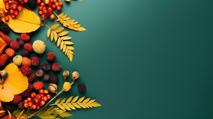 Frame of colorful red and yellow autumn leaves with cones and rowan berries on trendy green background. First day of school, back to school, fall concept.