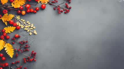Frame of colorful red and yellow autumn leaves with cones and rowan berries on trendy gray background. First day of school, back to school, fall concept.