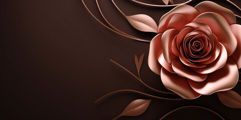 3d illustration of red rose with leaves on dark brown background.