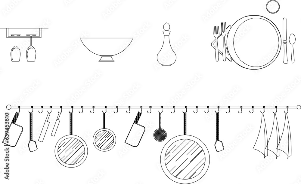 Wall mural vector sketch illustration design of kitchen set kitchen utensils and equipment and wine drinker