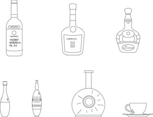 Vector sketch illustration design of kitchen set kitchen utensils and equipment and wine drinker