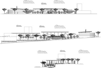 Vector sketch illustration of detailed architectural design of city park section and neighborhood road