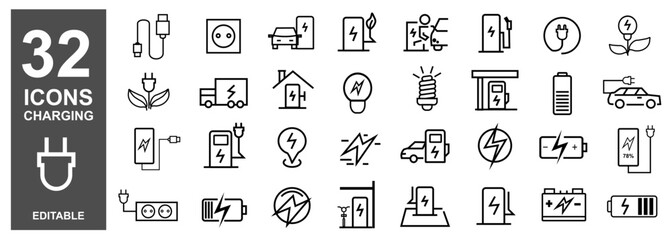 Charging icons set vector illustration. contain such icon as charger, electric car, battery, charging station and more. editable file