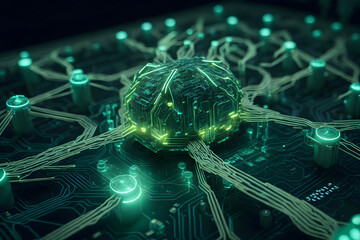 A complex, interlocking network of cyber security systems with intricate circuitry and a glowing green core. Generative AI