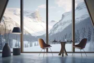 Winter picture seen via a window in a stark, barren space. Scandinavian-inspired interior design. Generative AI