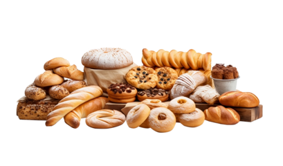 Various sweet breads and slices of bakery or pastries, isolated cartoon vector set of bakery products. translucent background