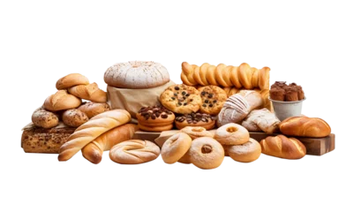 Fotobehang Bakkerij Various sweet breads and slices of bakery or pastries, isolated cartoon vector set of bakery products. translucent background