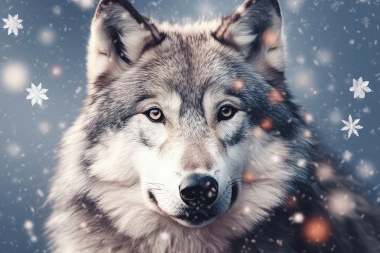 Image of a gray wolf with snowflakes on its muzzle. Generative AI