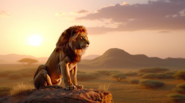 lion sitting on the rock and looking at the sun at sunset