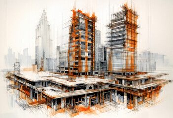 Architectural Vision, Urban Sketch in Modern Design, Artistic transformation, Urban architecture takes shape in intricate sketches. An evocative blend of design and urban imagination.