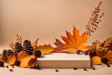 Naklejka na ściany i meble autumn leaves on a wooden background with products display