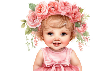 Fototapeta premium watercolor clipart of a joyful baby girl with a charming smile, dressed in a delightful pink outfit from head to toe with flowers clipart