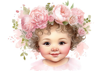 Fototapeta premium watercolor clipart of a joyful baby girl with a charming smile, dressed in a delightful pink outfit from head to toe with flowers clipart