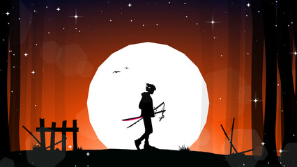 samurai background. urban samurai illustration. Japanese samurai with torii gate background. Japanese cyberpunk samurai. landscape fantasy wallpaper. sunset fantasy background. © riansa28