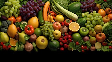 Naklejka na ściany i meble Fruits and vegetables on a black background. Healthy food concept.