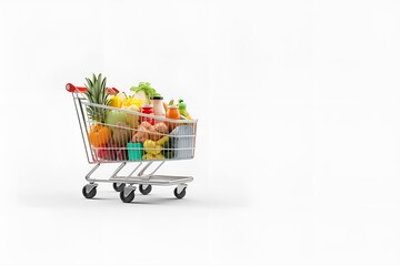shopping trolley full of fruit and vegetables copy space white background ai generative