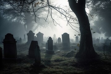 eerie graveyard setting with antique gravestones and fog. Generative AI