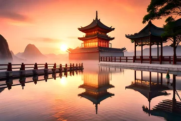 Foto op Plexiglas Peking sunset at the temple generated ai
