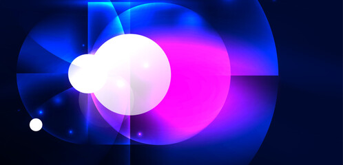 Abstract background shiny glowing neon color round elements and circles. Techno futuristic vector Illustration For Wallpaper, Banner, Background, Card, Book Illustration, landing page