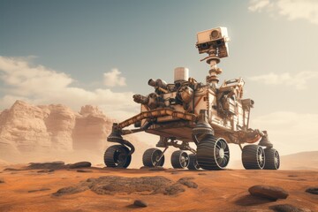 Lunar program for the exploration of the Earth's satellite. The lunar rover on the surface of the moon studies the situation and takes soil samples.