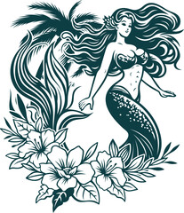 Abstract Floral Mermaid Tattoo Design Style Silhouette