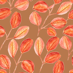 watercolor drawing, seamless pattern with yellow and brown leaves and twigs