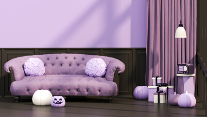 3D render of Halloween holiday in living room and pumpkins, jack-o-lantern on black and purple background
