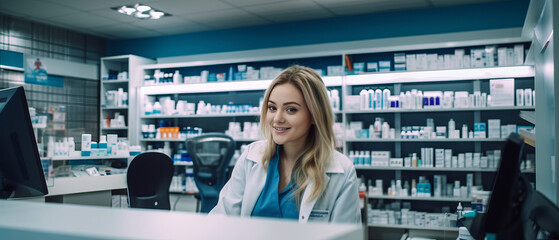portrait pharmacist American woman at counter table with computer in a pharmacy.generative ai - obrazy, fototapety, plakaty