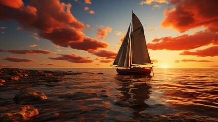 Image of a sailboat at sunset, in the style of exotic fantasy landscapes, dark amber and yellow, flowing silhouettes, romantic emotion, reflex reflections, - obrazy, fototapety, plakaty
