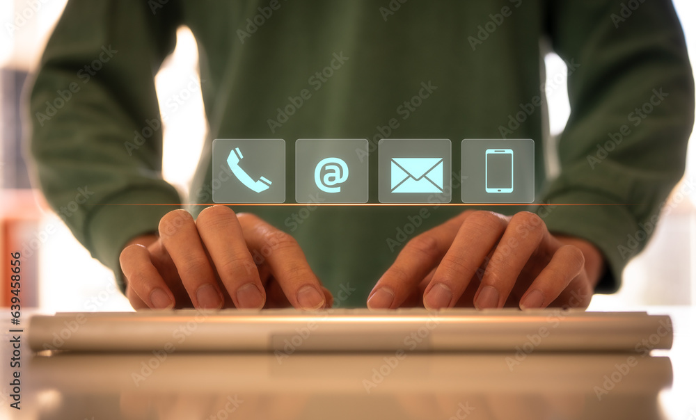 Poster businessman using wireless computer keyboard searching web, browsing information, contact, having wo
