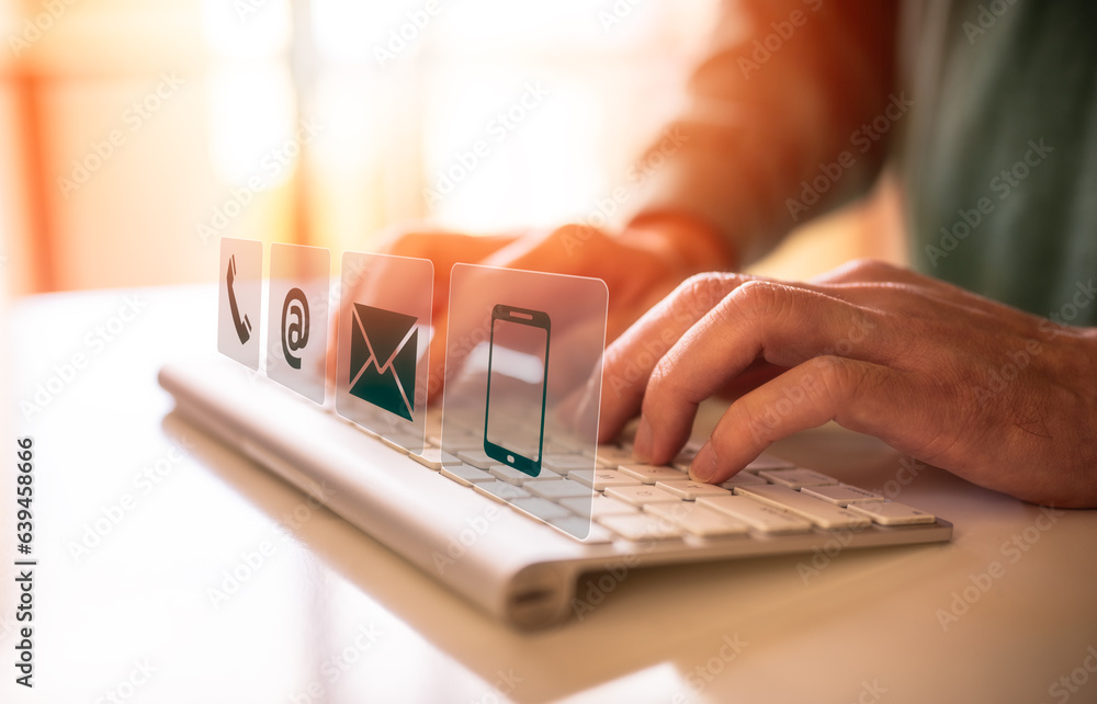 Poster businessman using wireless computer keyboard searching web, browsing information, contact, having wo