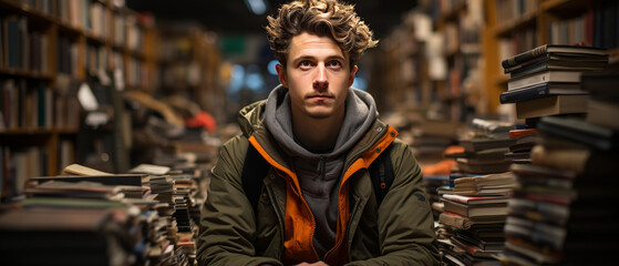 Smart student holding book sitting on floor among bookshelves in modern university campus library.generative ai