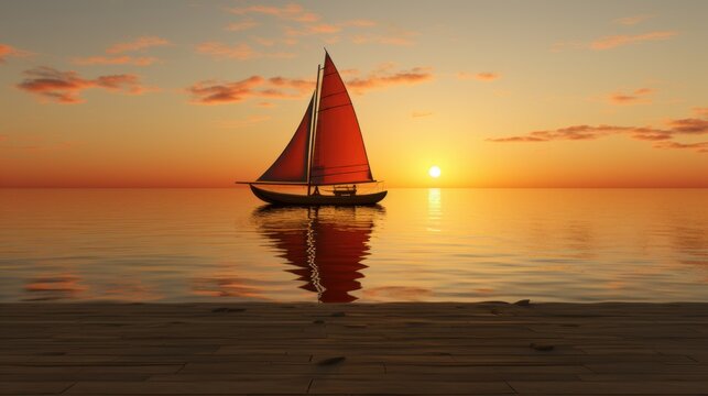 Image of a sailboat at sunset, in the style of exotic fantasy landscapes, dark amber and yellow, flowing silhouettes, romantic emotion, reflex reflections,