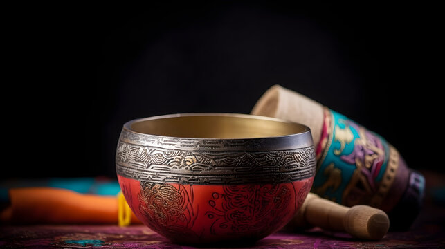 Beautifully carved singing bowl.
Close up of a beautiful carved Tibetan singing bowl with a wooden colorful clapper, objects for meditation and alternative medicine