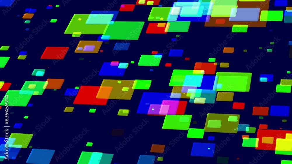 Poster minute video screensaver with bright colored rectangles on a dark background, computer rendering