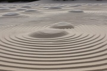 Fototapeta na wymiar Rounds made of sand. A distant Japanese Zen garden. Generative AI