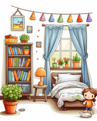 Cute bright little girl's room, cartoon style, illustration