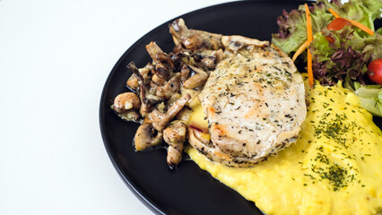 Irish Chicken Feast with Creamy Mashed Potato, Savory Mushrooms, and Wholesome Vegetables